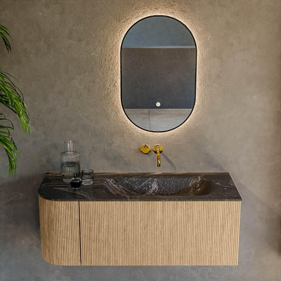 MONDIAZ KURVE-DLUX 115cm Meuble salle de bain avec module 25 G - couleur Oak - 1 tiroir - 1 porte - vasque BIG SMALL droite - sans trou de robinet - couleur Lava