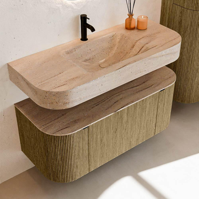 MONDIAZ THOR-DLUX 110cm meuble de salle de bains arrondi gauche + droite couleur Dusk avec 1 tiroir et 2 portes. Vasque suspendue CLOUD Milieu 1 trou de robinet couleur Saba.