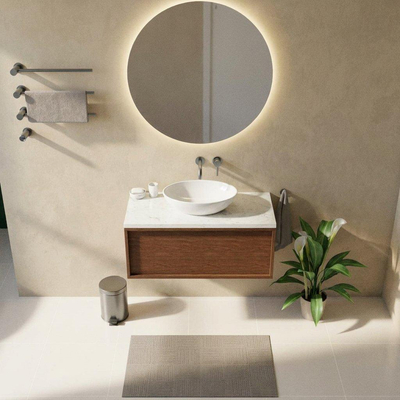 Saniclass Holz Frame Ensemble meuble de salle de bains - 100x45x43cm - Plan vasque en marbre Dia poli (blanc) - sans trou de robinet - 1 tiroir - walnut pure mat (bois)