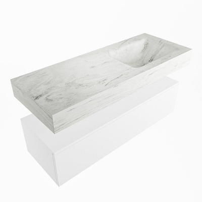 Mondiaz ALAN-DLUX Ensemble de meuble - 120cm - meuble Talc mat - 1 tiroir - Lavabo Cloud Opalo suspendu - vasque Droite - 0 trous de robinet