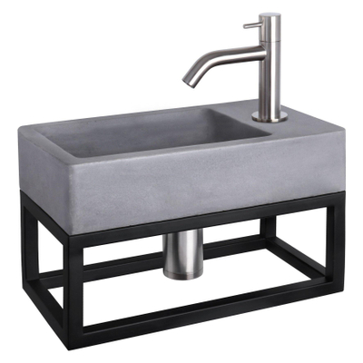 Differnz Force kit lave-mains - 40x22x8cm - Rectangulaire - 1 trou de robinet - Robinet courbé en chrome mat - avec cadre noir - Gris béton