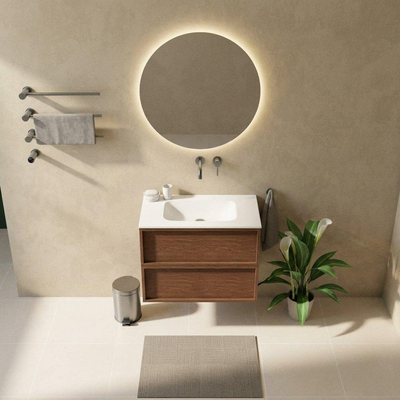 Saniclass Holz Frame Ensemble meuble de salle de bains - 80x45x61.5cm - Flow lavabo en solid surface blanc - 1 vasque - sans trou de robinetterie - 2 tiroirs - walnut pure mat (bois)