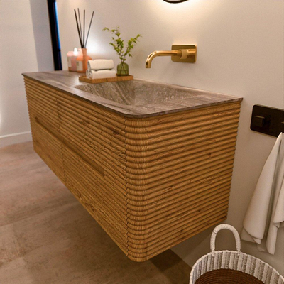 Mondiaz CIRO-DLUX Badkamermeubelset - 130x45x50cm - Solid surface wastafel Oza - 1 wasbak Rechts - zonder kraangaten - 4 lades - Oak