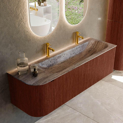 MONDIAZ KURVE-DLUX Meuble de salle de bains 145cm arrondi à gauche couleur Ruby avec 1 tiroir et 1 porte. Lavabo BIG LARGE à droite 2 trous de robinet Oza.