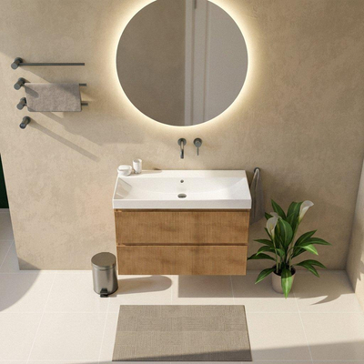 Saniclass Holz Atelier Ensemble meuble de salle de bains - 100x45x67.5cm - Wave lavabo en céramique - 1 vasque - sans trou de robinet - 2 tiroirs - chêne natural mat (bois)