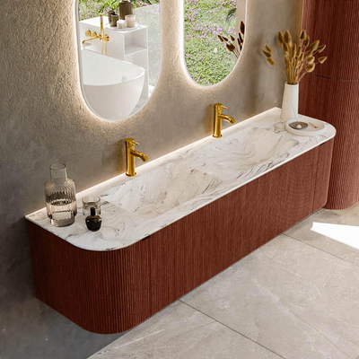Mondiaz KURVE-DLUX Badkamermeubelset - 170x46x40cm - 1 lade - 2 deuren - wastafel solid surface - dubbel - 2 kraangaten - Ruby