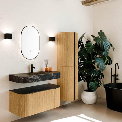 MONDIAZ THOR-DLUX 100cm meuble de salle de bains arrondi gauche + droite couleur Chêne avec 1 tiroir et 2 portes. Vasque suspendue CLOUD Milieu 1 trou de robinet couleur Lava.