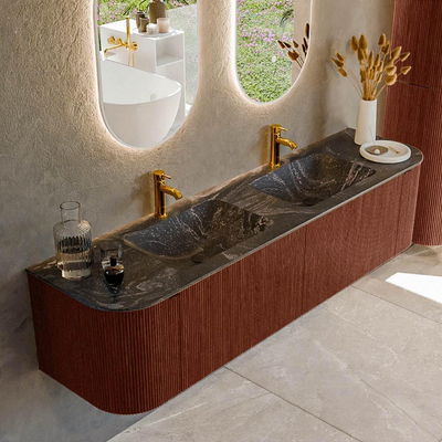 Mondiaz KURVE-DLUX Badkamermeubelset - 180x46x40cm - 2 lade - 2 deuren - wastafel solid surface - dubbel - 2 kraangaten - Ruby