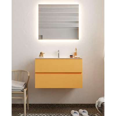 MONDIAZ VICA Badkamermeubelset - 80cm - onderkast ocher- 2 lades - wastafel cloud midden - 1 kraangat - LED spiegel - XL versie 60cm hoog