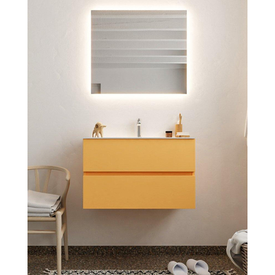MONDIAZ VICA Ensemble de meuble salle de bain - 80cm - 2 tiroirs - lavabo Cloud central - 1 trou de robinet - solid surface ocre