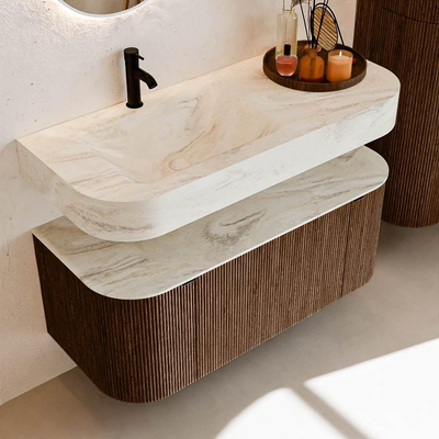 MONDIAZ THOR-DLUX 110cm badmeubel ronding links + rechts kleur Walnut met 1 lade en 2 deuren. Vrijhangende wastafel CLOUD Links 1 kraangat kleur Ostra.