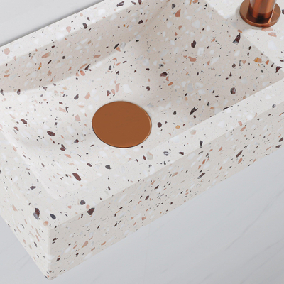 FugaFlow Eccelente Pietra Ensemble de fontaine - 40x22x10cm - trou de robinet à droite - robinet de fontaine en cuivre brossé PVD - bouchon de vidange - siphon abaissé - beige mat