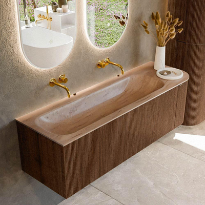 MONDIAZ KURVE-DLUX 145cm badmeubel ronding Rechts kleur Walnut met 1 lade en 1 deur. Wastafel BIG LARGE Links zonder kraangat Saba.