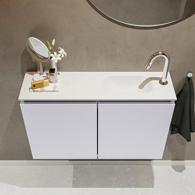 MONDIAZ TURE Kit lave-mains - 80x23x50cm - 1 trou de robinet - 2 portes - cale mat - Lavabo à droite - Solid Surface Blanc