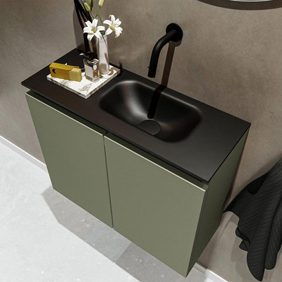 MONDIAZ TURE Toiletmeubel 60x23x50cm met 0 kraangaten 2 deuren army mat Wastafel Eden rechts Solid Surface Zwart