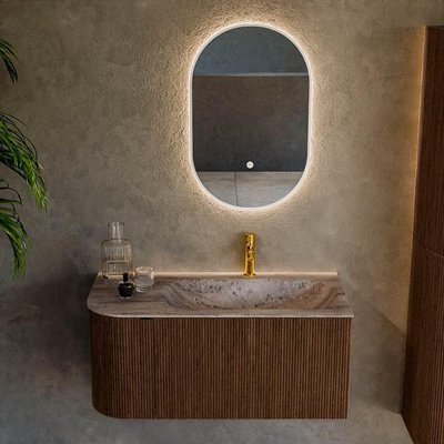 MONDIAZ KURVE-DLUX Meuble de salle de bains 95 cm arrondi à gauche couleur Walnut avec 1 tiroir et 1 porte. Lavabo BIG SMALL à droite 1 trou de robinet Oza.