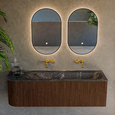 MONDIAZ KURVE-DLUX meuble de salle de bains 145cm avec module 25 L couleur Walnut avec 1 tiroir et 1 porte. Lavabo BIG LARGE à droite sans trou de robinetterie couleur Lava.