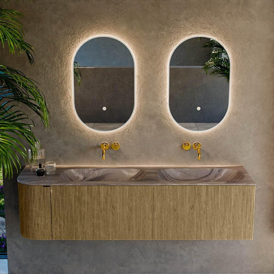 MONDIAZ KURVE-DLUX meuble de salle de bains 165cm arrondi à gauche couleur Dusk avec 2 tiroirs et 1 porte. Lavabo STOR SMALL Double / Droite sans trou de robinet Sombra.