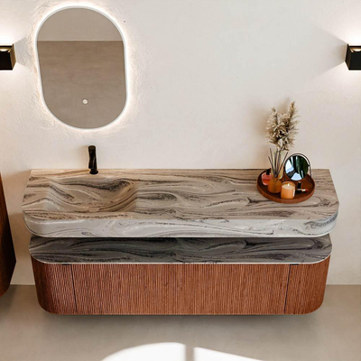 MONDIAZ THOR-DLUX 170cm meuble de salle de bains arrondi gauche + droite couleur Ruby avec 1 tiroir et 2 portes. Vasque suspendue CLOUD Gauche 1 trou de robinet couleur Sombra.