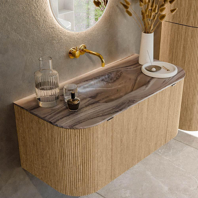 MONDIAZ KURVE-DLUX 100cm badmeubel ronding Links + Rechts kleur Oak met 1 lade en 2 deuren. Wastafel GRUNNE Midden zonder kraangat Sombra.