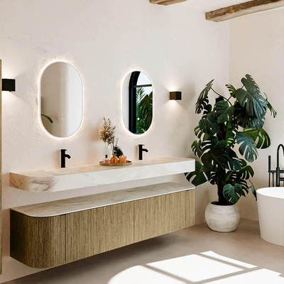 MONDIAZ THOR-DLUX 200cm meuble de salle de bains arrondi gauche + droite couleur Dusk avec 2 tiroirs et 2 portes. Vasque suspendue CLOUD Double 2 trous de robinet couleur Ostra.