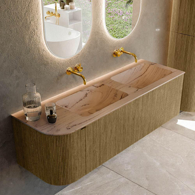 MONDIAZ KURVE-DLUX Meuble de salle de bains 145cm arrondi gauche couleur Dusk avec 1 tiroir et 1 porte. Lavabo LEAF Double / Droite sans trou de robinet Arena.