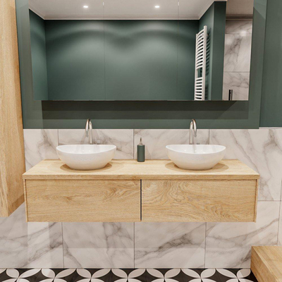 ENSEMBLE DE MEUBLE MONDIAZ LUSH - 150 cm - 2 tiroirs - lavabo BARCO - 2 lavabos - 2 trous de robinet - chêne blanchi