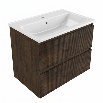 Saniclass Holz Atelier Ensemble meuble de salle de bains - 80x45x63.5cm - lavabo en céramique Bari blanc - 1 vasque - 1 trou de robinetterie - 2 tiroirs - chêne charcoal mat (bois)