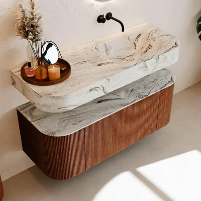 MONDIAZ THOR-DLUX 120cm meuble de salle de bains arrondi gauche + droite couleur Ruby avec 1 tiroir et 2 portes. Vasque suspendue CLOUD droite sans trou de robinet couleur Glace.