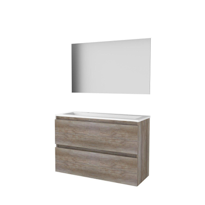 Basic-Line Ultimate 39 ensemble de meubles de salle de bain 100x39cm sans poignée 2 tiroirs lavabo acrylique 2 trous de robinetterie miroir éclairage mfc scotch oak