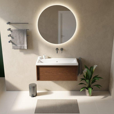 Saniclass Holz Frame Ensemble meuble de salle de bains - 100x45x43.5cm - Bari lavabo en céramique blanc - 1 vasque - sans trou de robinet - 1 tiroir - mat walnut pure (bois)
