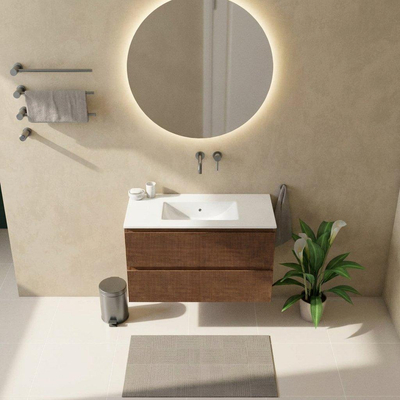 Saniclass Holz Atelier Ensemble meuble de salle de bains - 100x45x62cm - Vygo lavabo en céramique blanc - 1 vasque - sans trou de robinet - 2 tiroirs - mat walnut pure (bois)
