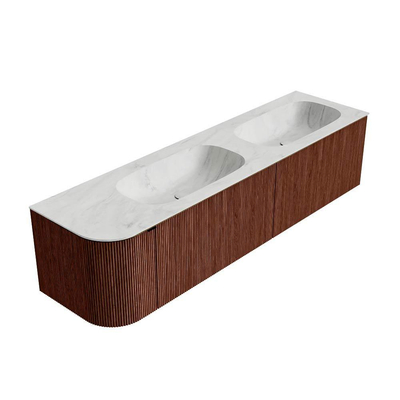 Mondiaz KURVE-DLUX Ensemble de meuble salle de bain - 175x46x40cm - 2 tiroirs - 1 porte - lavabo en solid surface - double / droite - sans trou de robinet - Ruby