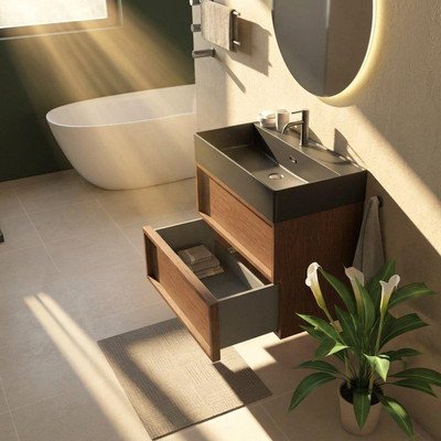 Ensemble meuble de salle de bains Saniclass Holz Frame - 80x45x72cm - lavabo Legend en céramique noir mat - 1 vasque - 1 trou de robinetterie - 2 tiroirs - noyer pure mat (bois)
