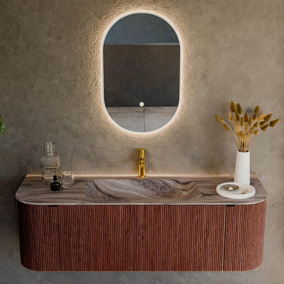 MONDIAZ KURVE-DLUX Meuble de salle de bains 140cm arrondi Gauche + Droite couleur Ruby avec 1 tiroir et 2 portes. Lavabo BIG SMALL Milieu 1 trou de robinet Sombra.