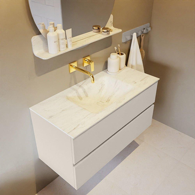 Mondiaz VICA-DLUX Ensemble de meuble de salle de bain - 100cm - meuble sous lavabo lin - 2 tiroirs - lavabo encastré nuage milieu - sans trous de robinet - miroir modèle spot - version XL 60cm de haut - opalo