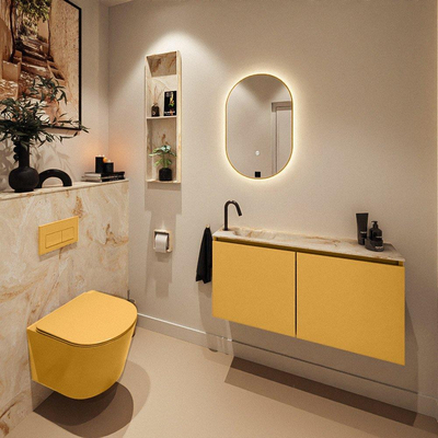 MONDIAZ TURE-DLUX meuble de toilettes 100cm Ocher. EDEN lavabo Frappe position gauche. Avec 1 trou de robinet.