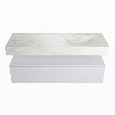 Mondiaz ALAN-DLUX Ensemble de meuble - 130cm - meuble Cale mat - 1 tiroir - Lavabo Cloud Opalo suspendu - vasque Droite - 1 trou de robinet