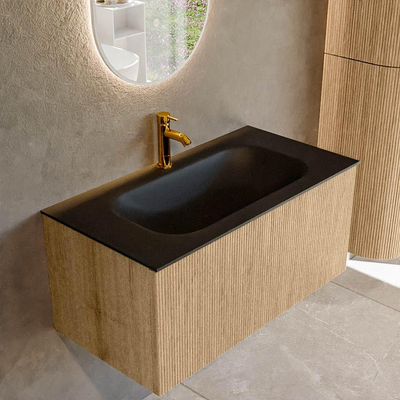 MONDIAZ KURVE Meuble de salle de bains 90 cm couleur Oak avec 1 tiroir. Lavabo BIG SMALL central 1 trou de robinet Urban.