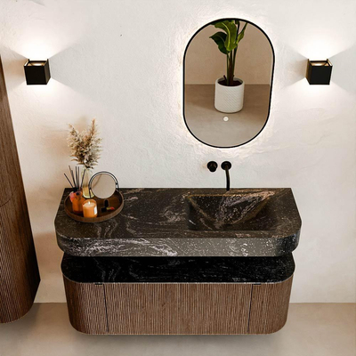 MONDIAZ THOR-DLUX 130cm badmeubel ronding links + rechts kleur Walnut met 1 lade en 2 deuren. Vrijhangende wastafel CLOUD Rechts zonder kraangat kleur Lava.