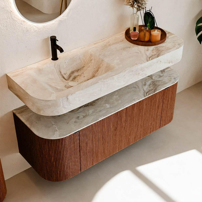 MONDIAZ THOR-DLUX 130cm meuble de salle de bains arrondi gauche + droite couleur Ruby avec 1 tiroir et 2 portes. Vasque suspendue CLOUD Gauche 1 trou de robinet couleur Frappe.