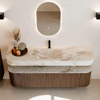 MONDIAZ THOR-DLUX 170cm meuble de salle de bains arrondi gauche + droite couleur Walnut avec 1 tiroir et 2 portes. Vasque suspendue CLOUD Milieu 1 trou de robinet couleur Frappe.