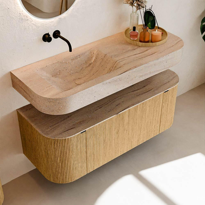 MONDIAZ THOR-DLUX 120cm badmeubel ronding links + rechts kleur Oak met 1 lade en 2 deuren. Vrijhangende wastafel CLOUD Links zonder kraangat kleur Saba.