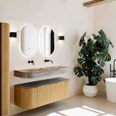 MONDIAZ THOR-DLUX 130cm meuble de salle de bains arrondi gauche + droite couleur Oak avec 1 tiroir et 2 portes. Vasque suspendue CLOUD Double sans trou de robinet couleur Oza.