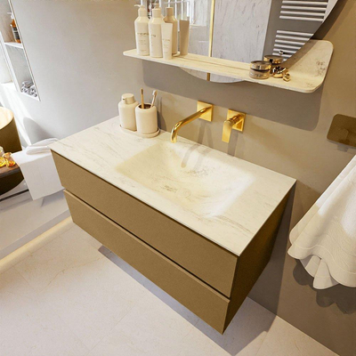 Mondiaz VICA-DLUX ensemble de meuble de salle de bain - 100cm - meuble sous-vasque oro - 2 tiroirs - lavabo encastré cloud droite - sans trous de robinet - version haute de 60cm - opalo