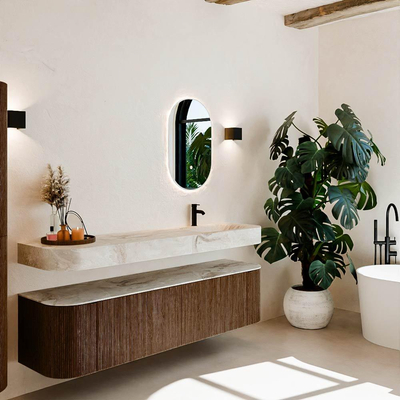 MONDIAZ THOR-DLUX 180cm meuble de salle de bains arrondi gauche + droite couleur Walnut avec 2 tiroirs et 2 portes. Vasque suspendue CLOUD Droite 1 trou de robinet couleur Frappe.