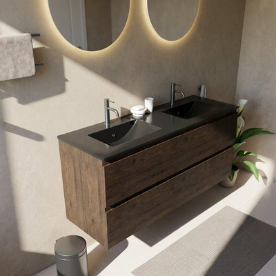 Saniclass Holz Pure Ensemble de meubles de salle de bains - 140x45x62cm - Lavabo Vygo en céramique noir - 2 vasques - 2 trous de robinet - 4 tiroirs - chêne charcoal mat (bois)