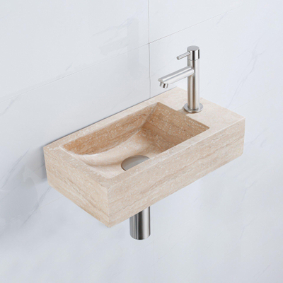 Saniclass Fuente Fonteinset - 40x22x10cm - kraangat rechts - fonteinkraan geborsteld RVS PVD - afvoerplug - verlaagd sifon - gemeleerd natuursteen