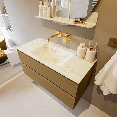 Mondiaz VICA-DLUX ensemble de meuble de salle de bain - 100cm - meuble sous-vasque oro - 2 tiroirs - lavabo encastré cloud milieu - sans trous de robinet - version haute de 60cm - opalo