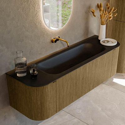 Mondiaz KURVE Badkamermeubelset - 150x46x40cm - 1 lade - 2 deuren - wastafel solid surface - midden - zonder kraangat - Dusk